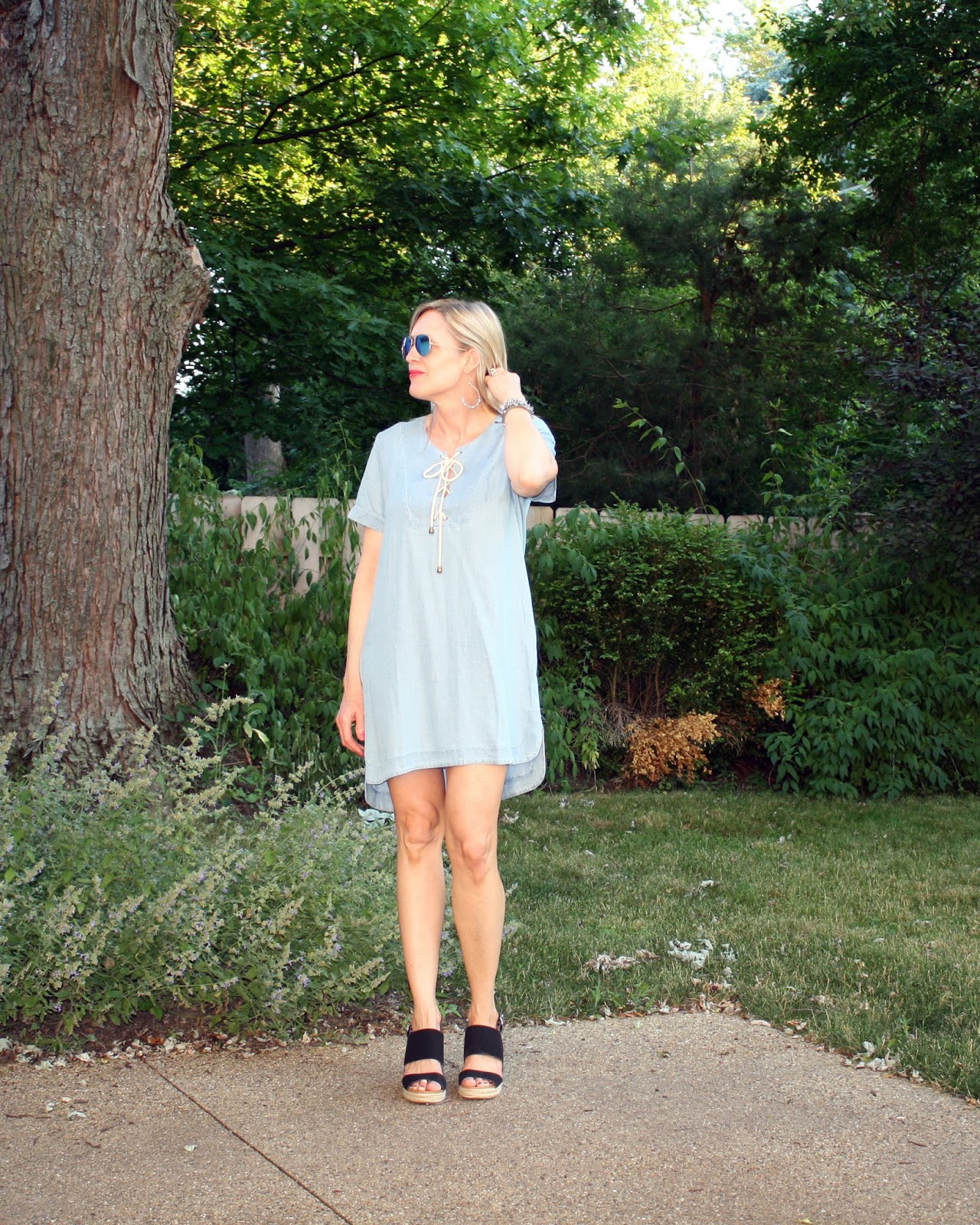 Chambray Lace-Up Dress - Doused in Pink
